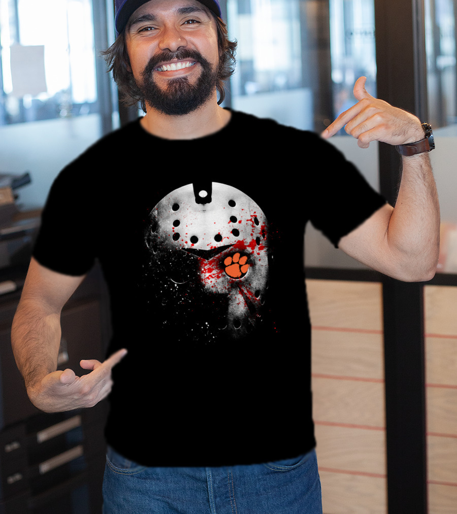Clemson Tigers Football Jason Voorhees Mask With Paw Print And Blood Splatter T-Shirt