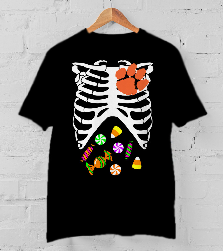 Clemson Tigers Halloween Candy Skeleton Paw Print T-Shirt