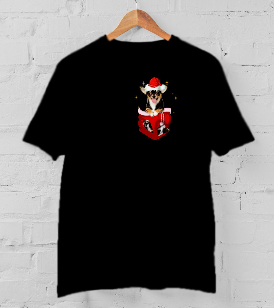 Chihuahua In Santa Hat Pocket With Christmas Sparkles T-Shirt