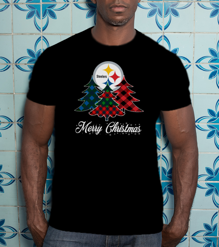 Steelers Merry Christmas Plaid Trees T-Shirt