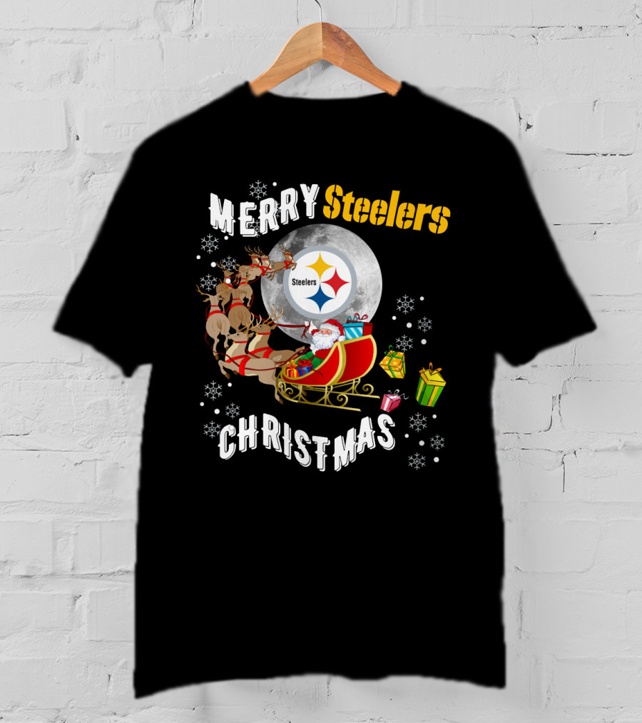 Merry Steelers Christmas Santa Sleigh And Moon T-Shirt