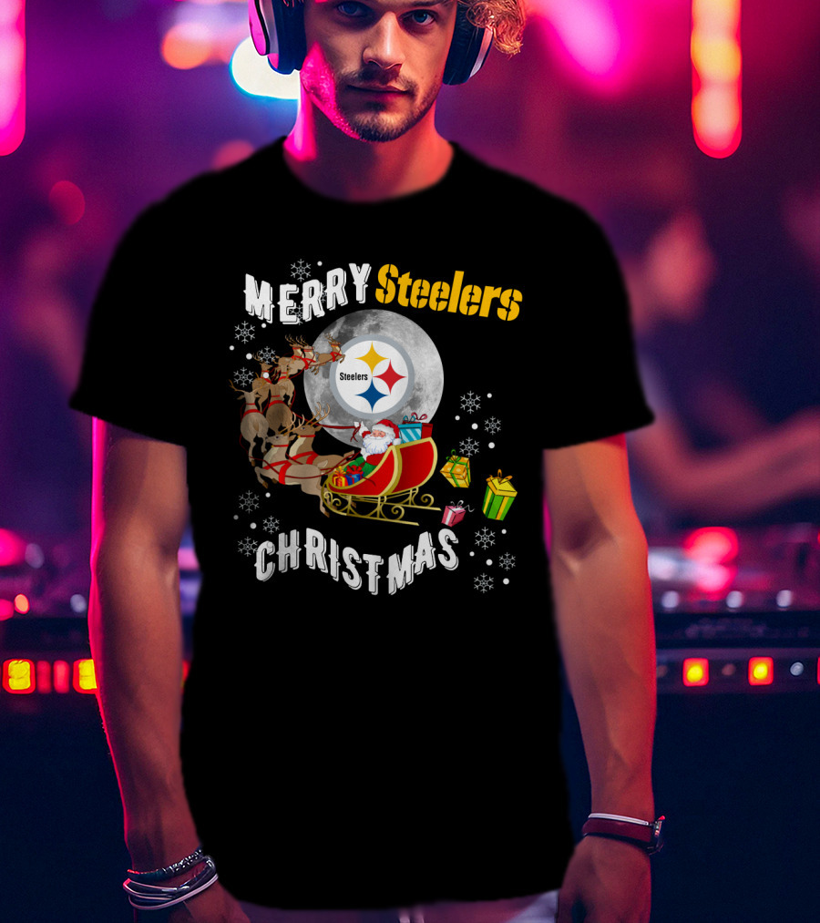 Merry Steelers Christmas Santa Sleigh And Moon T-Shirt