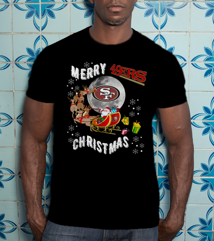 Merry Christmas 49ers Santa Sleigh Snowflakes T-Shirt