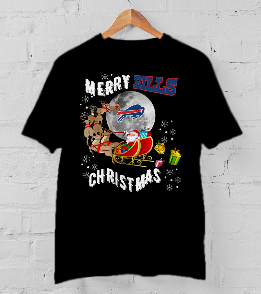 Merry Bills Christmas Buffalo Bills Santa Sleigh And Moon T-Shirt