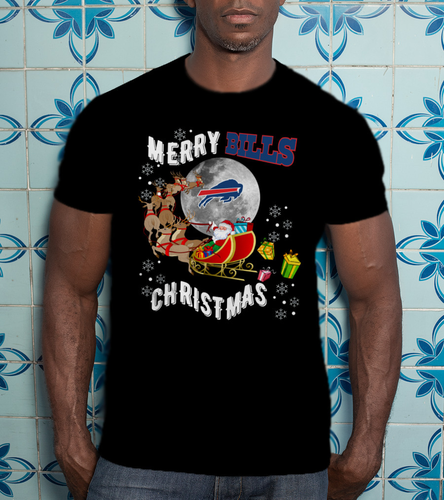 Merry Bills Christmas Buffalo Bills Santa Sleigh And Moon T-Shirt
