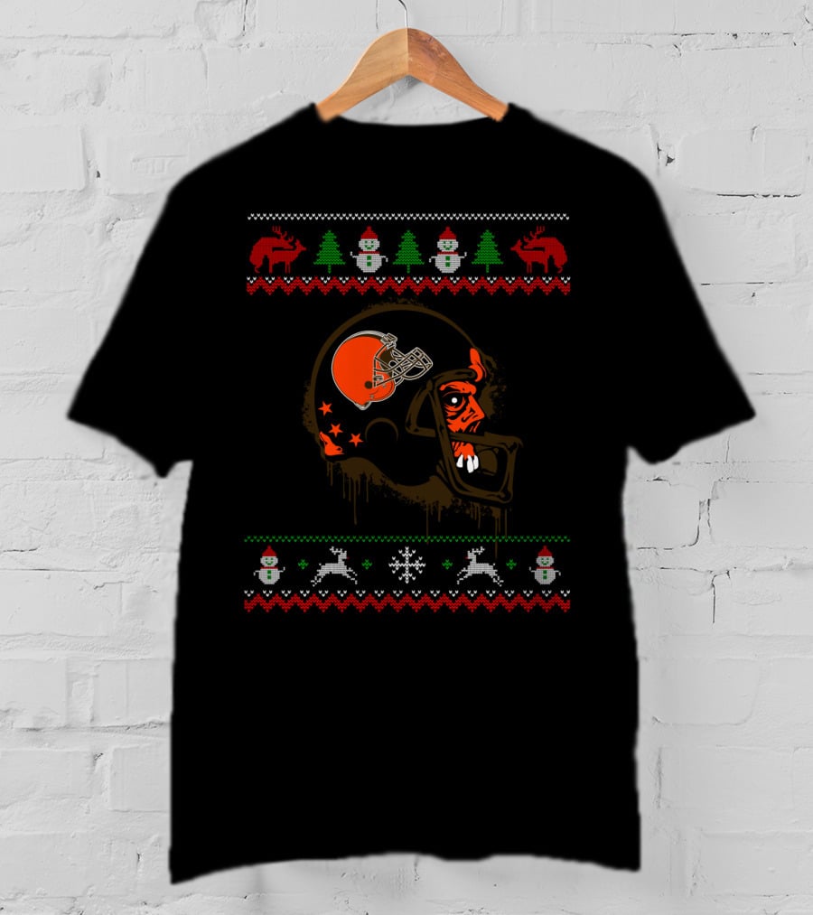 Cleveland Browns Holiday Sweater Design With Helmet And Festive Elements T-Shirt