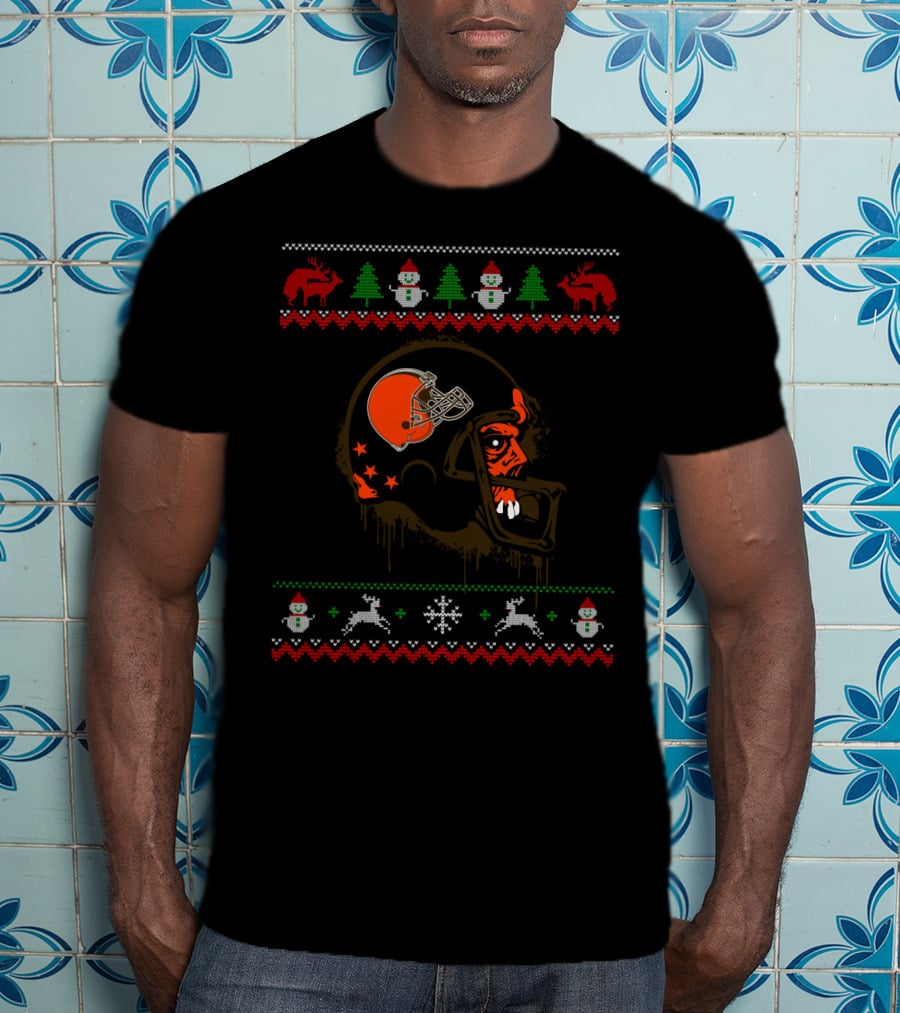 Cleveland Browns Holiday Sweater Design With Helmet And Festive Elements T-Shirt