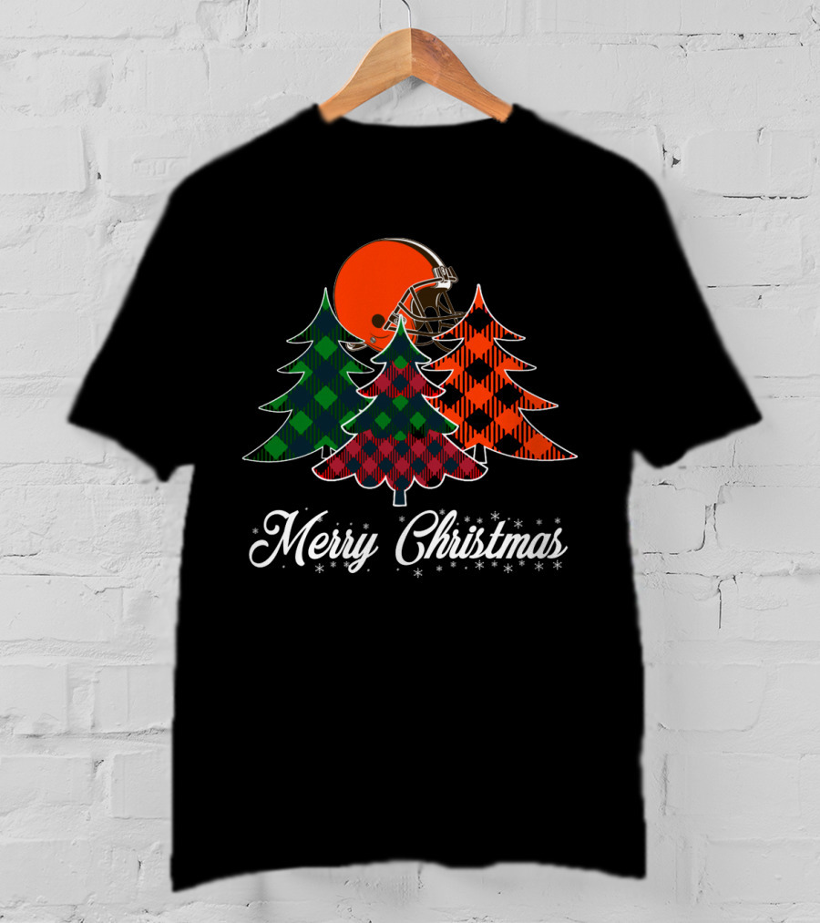 Merry Christmas Cleveland Browns Helmet And Plaid Trees T-Shirt