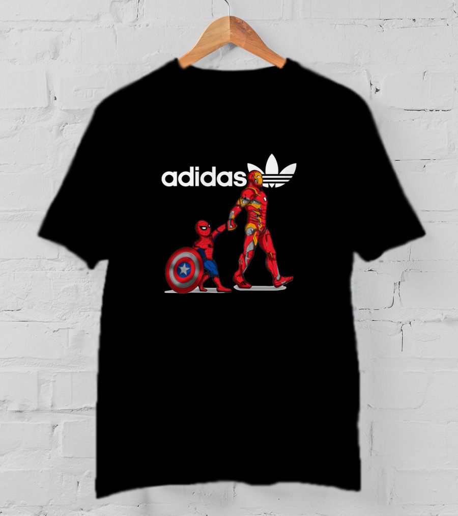 Iron Man Holding Shield Next To Small Spider-Man T-Shirt