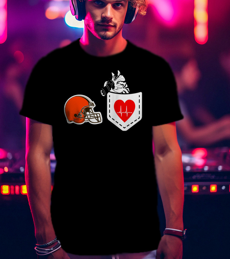 Cleveland Browns Helmet Zebra Heartbeat Pocket T-Shirt