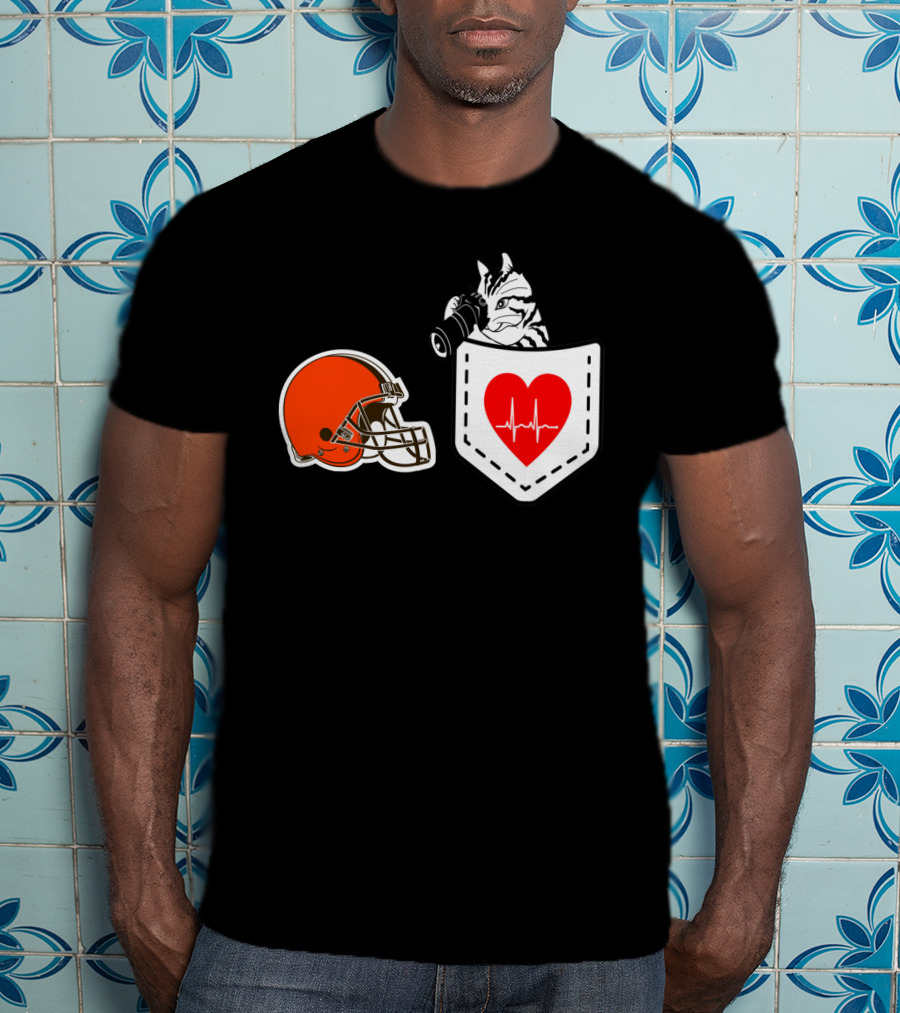 Cleveland Browns Helmet Zebra Heartbeat Pocket T-Shirt