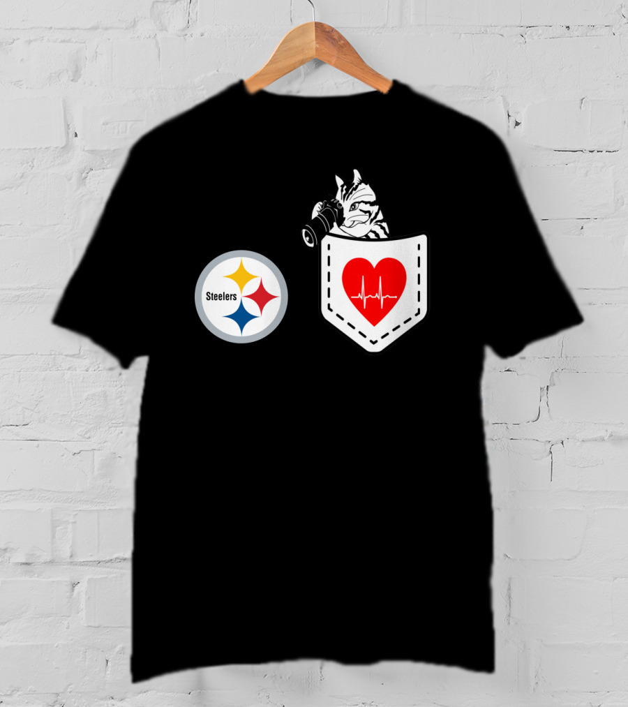 Pittsburgh Steelers Logo With Heartbeat Pocket Cat T-Shirt