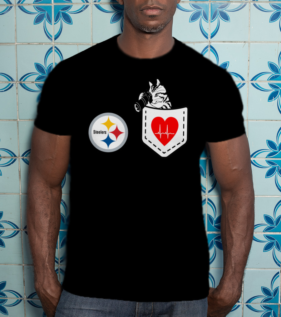Pittsburgh Steelers Logo With Heartbeat Pocket Cat T-Shirt