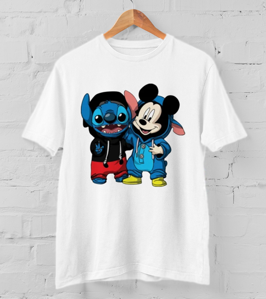 Mickey Mouse And Stitch In Hoodies T-Shirt