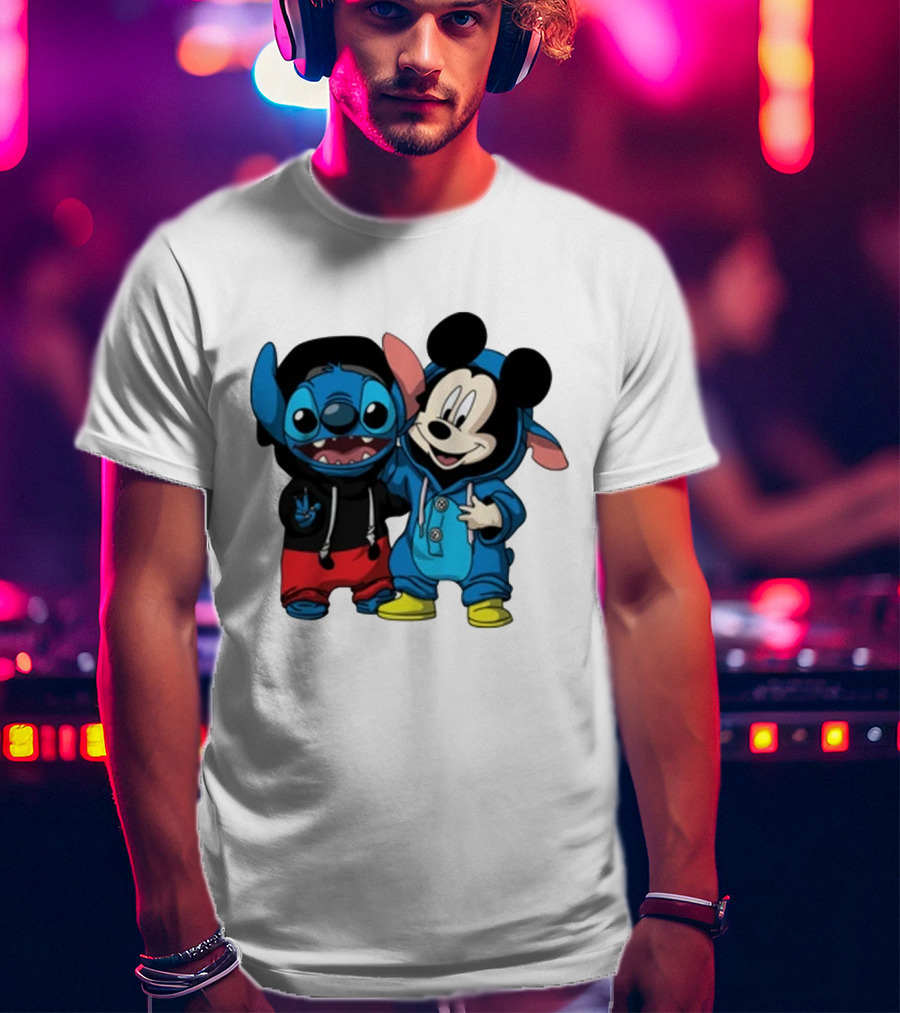 Mickey Mouse And Stitch In Hoodies T-Shirt