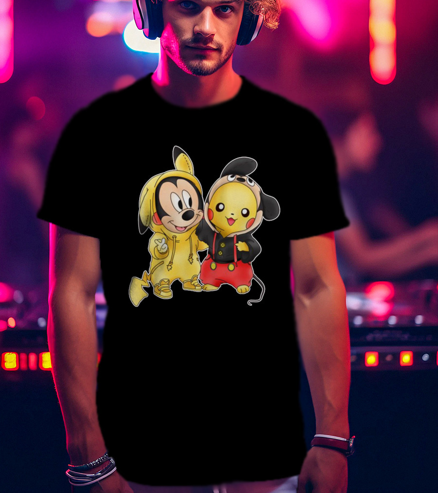 Mickey Pikachu Crossover Characters In Hoodie Costumes T-Shirt