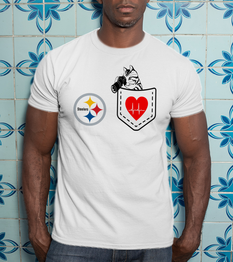 Pittsburgh Steelers Cat With Heartbeat Pocket T-Shirt