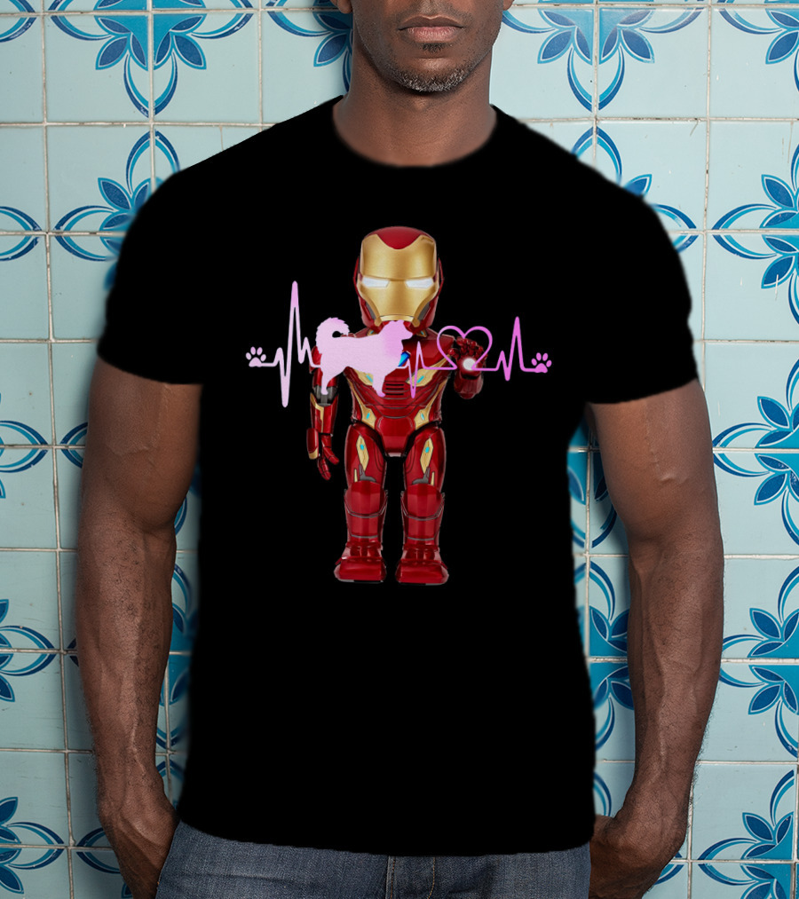Iron Hero Heartbeat With Australian Shepherd Silhouette T-Shirt