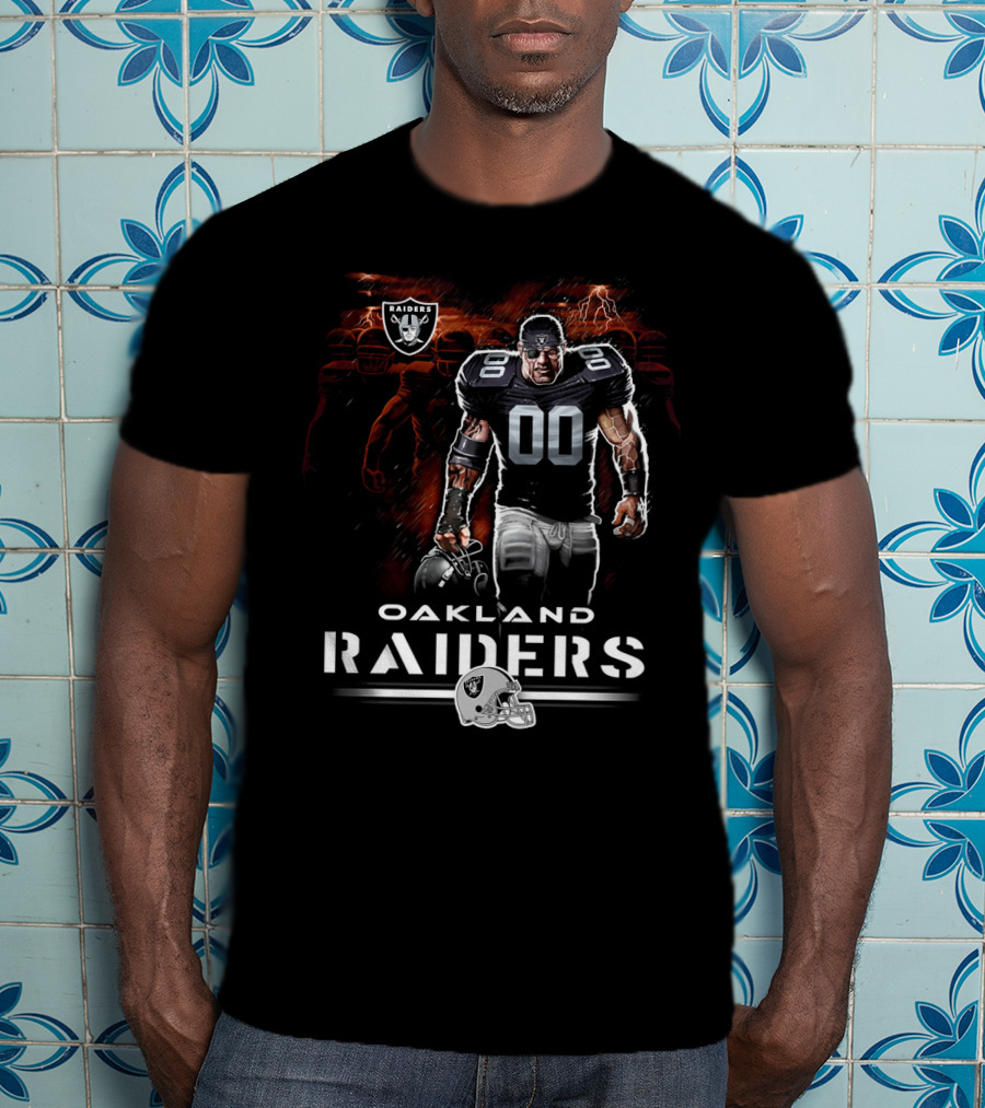 Oakland Raiders Nfl Player Illustration With Skull Logo And Helmet T-Shirt