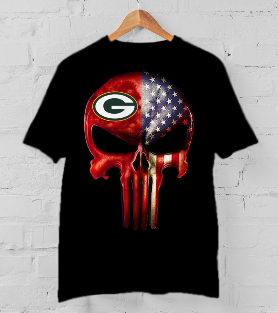 Green Bay Packers American Flag Skull T-Shirt