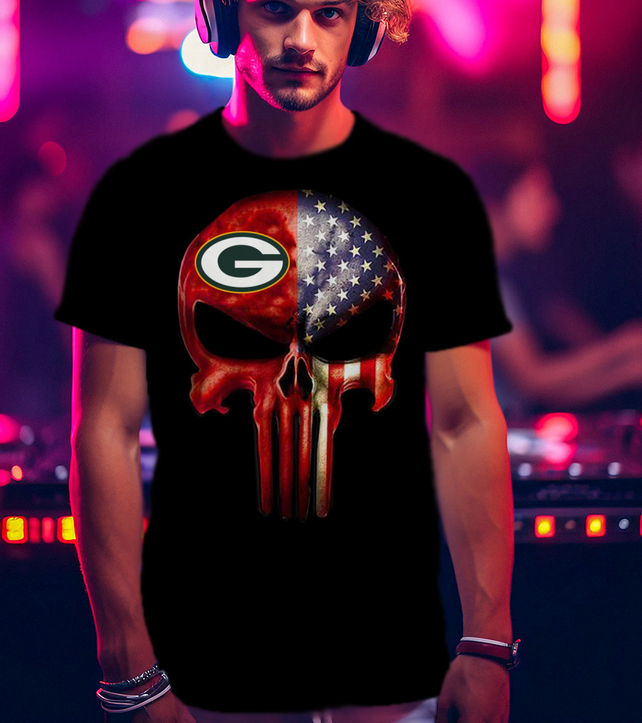 Green Bay Packers American Flag Skull T-Shirt