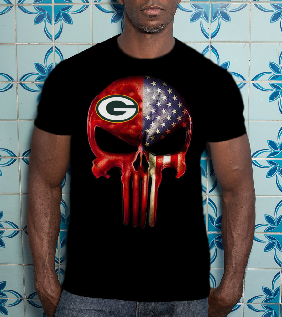 Green Bay Packers American Flag Skull T-Shirt