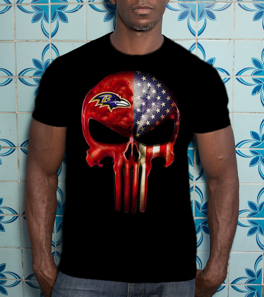 Baltimore Ravens American Flag Skull Logo 03 T-Shirt