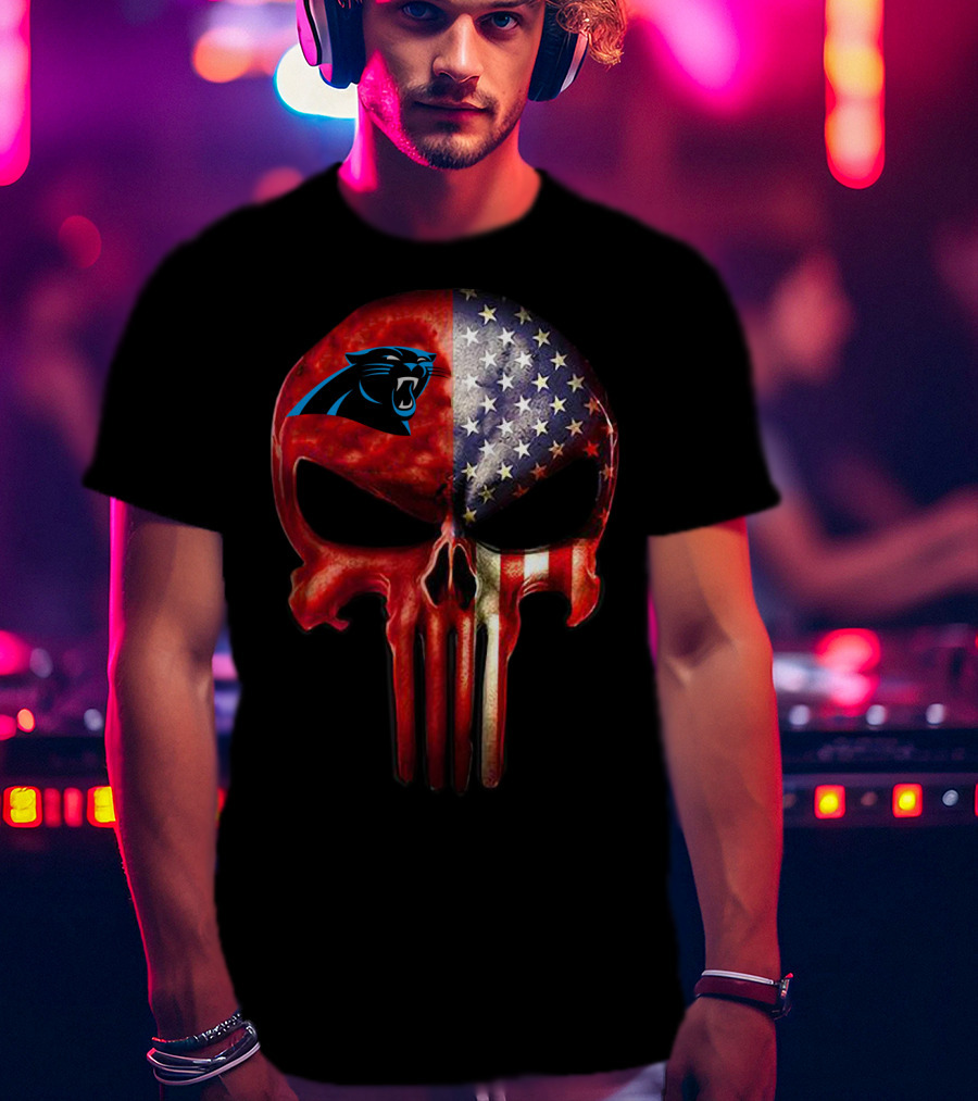 '05 CarolinaPanthers Skull American Flag T-Shirt