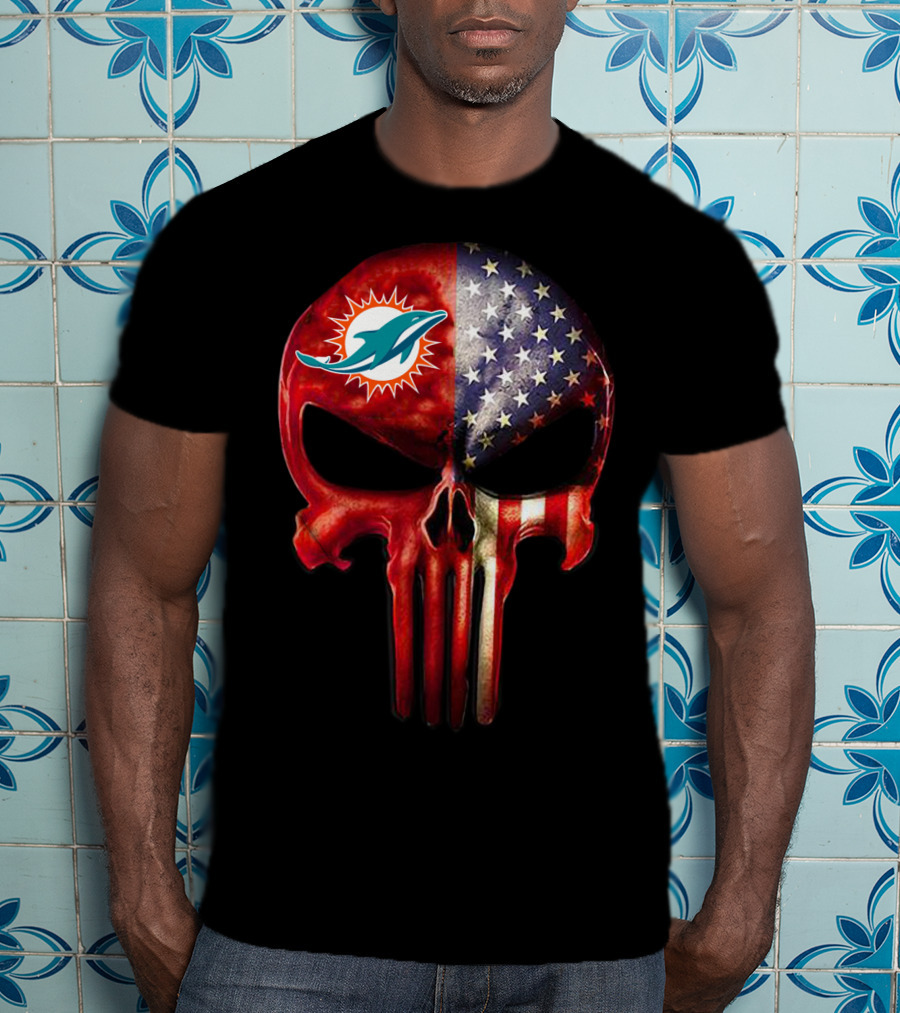 Miami Dolphins Punisher Skull American Flag For True Miami Fan Only T-Shirt