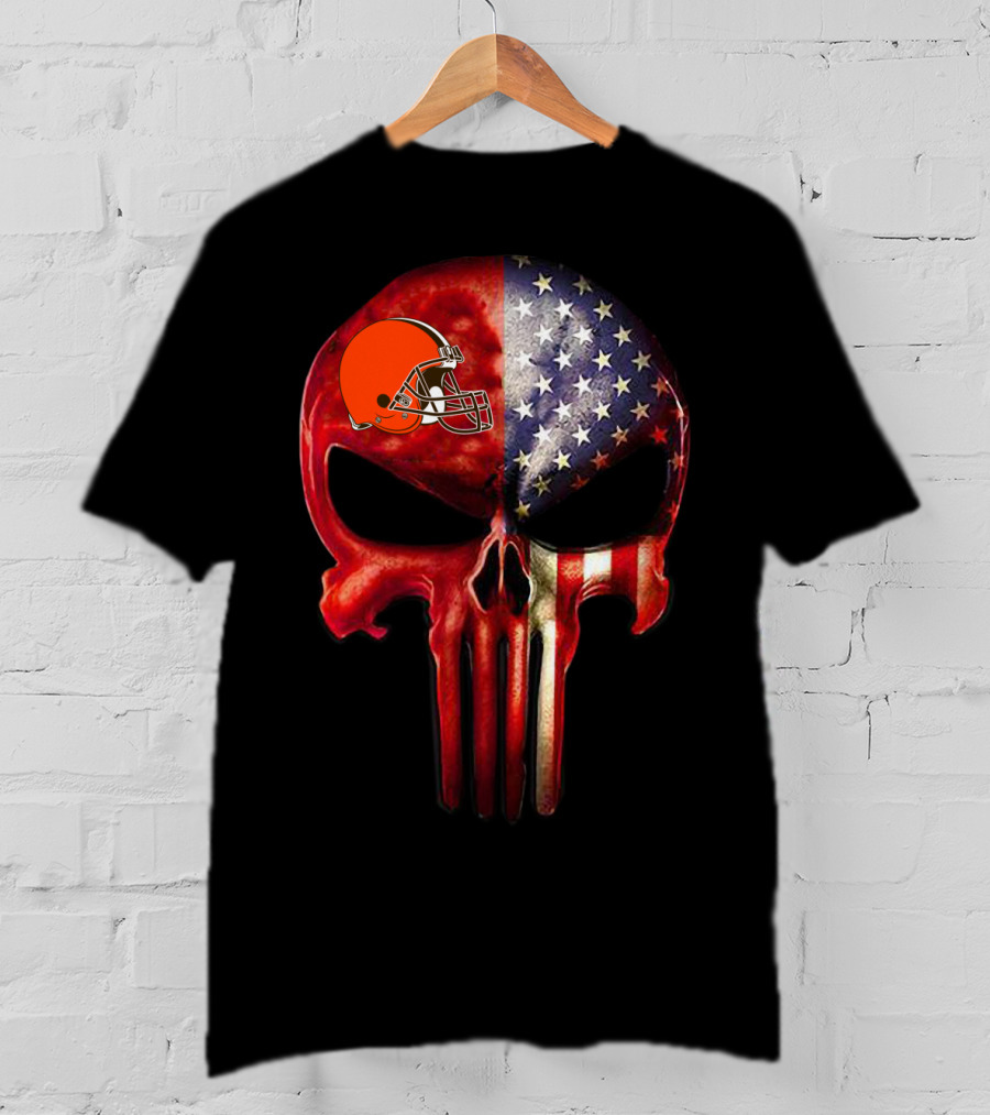 Cleveland Browns American Flag Skull For True Cleveland Fan Only T-Shirt