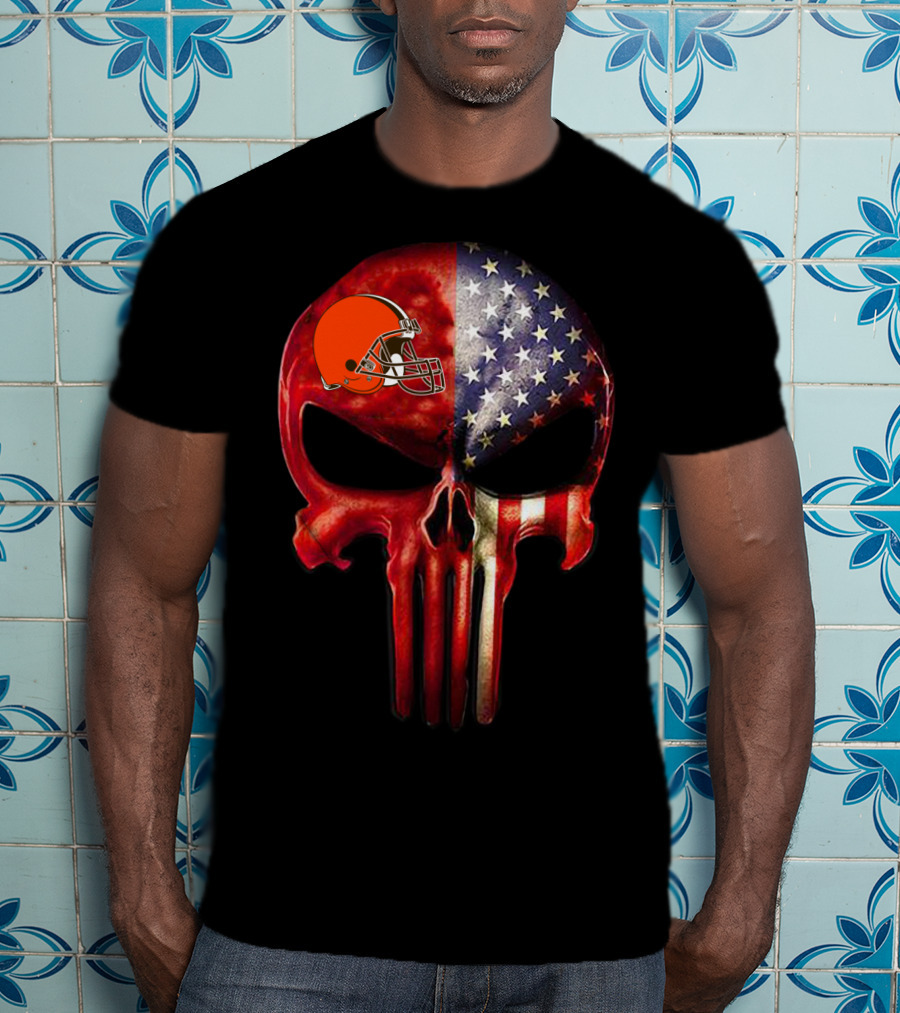 Cleveland Browns American Flag Skull For True Cleveland Fan Only T-Shirt