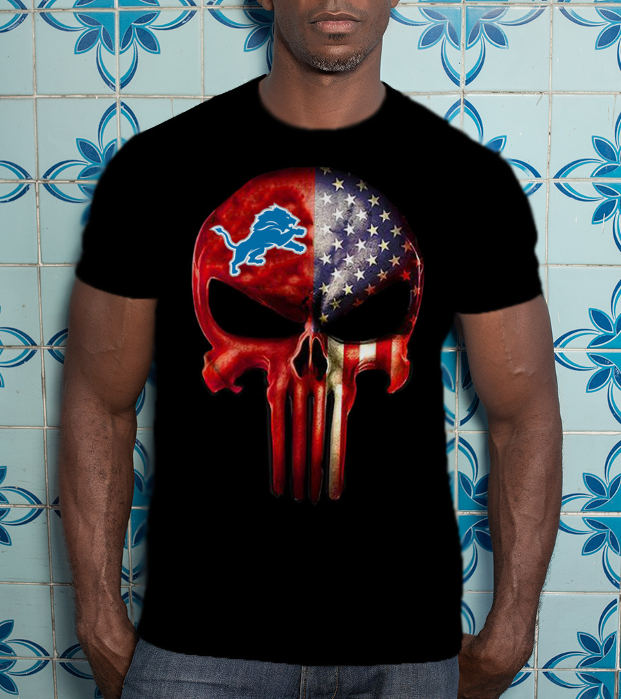 Patriotic Detroit Lions Punisher Skull T-Shirt