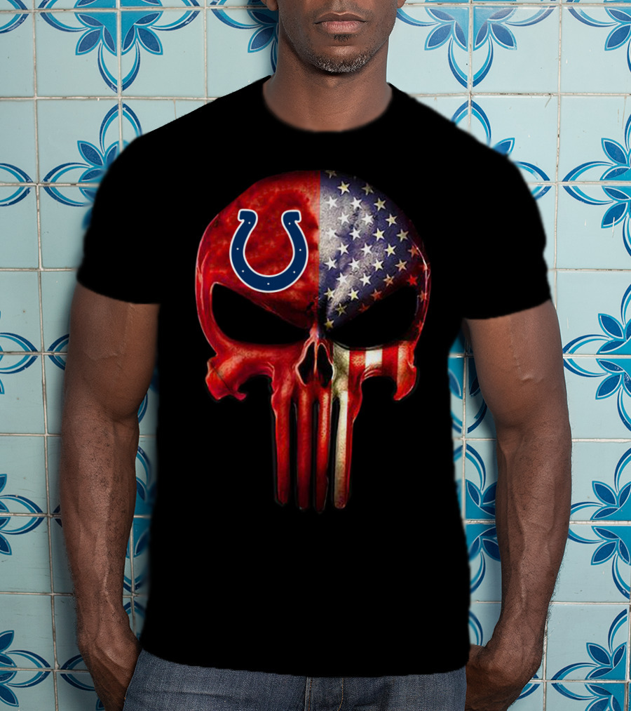 For True Indianapolis Fan Only Colts Punisher Skull American Flag T-Shirt