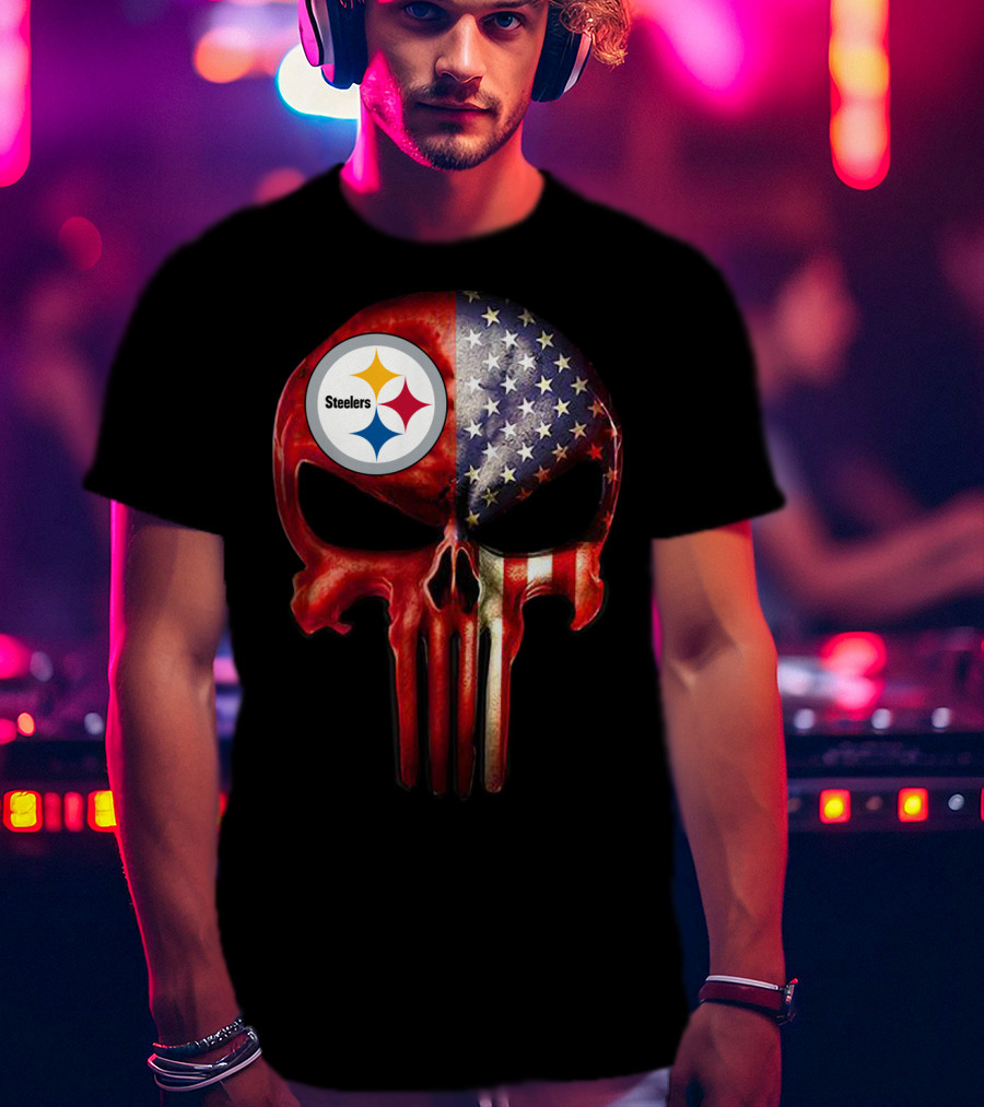 Steelers American Flag Skull For True Pittsburgh Fan Only T-Shirt