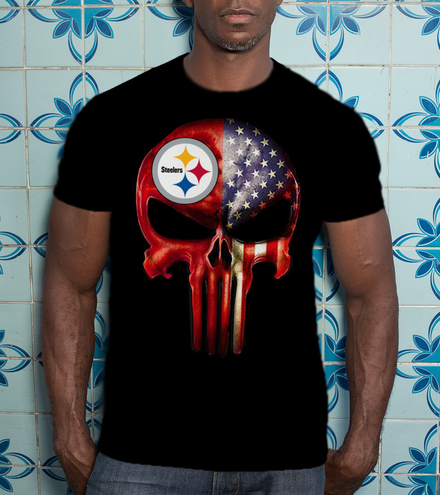 Steelers American Flag Skull For True Pittsburgh Fan Only T-Shirt