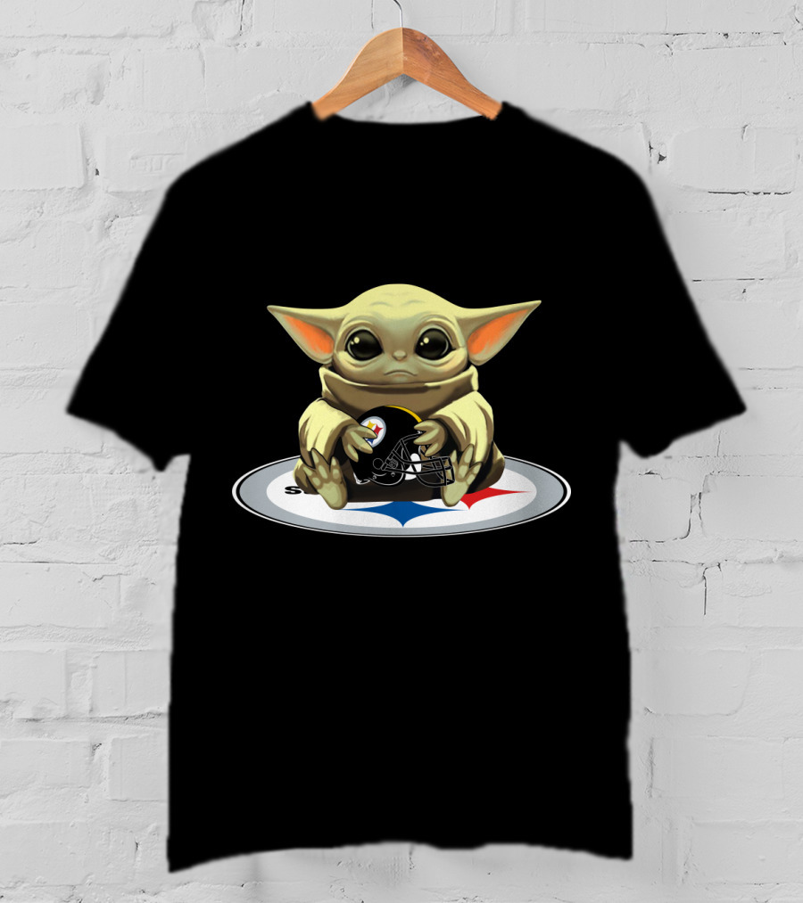 Baby Yoda Holding Steelers Football Helmet T-Shirt