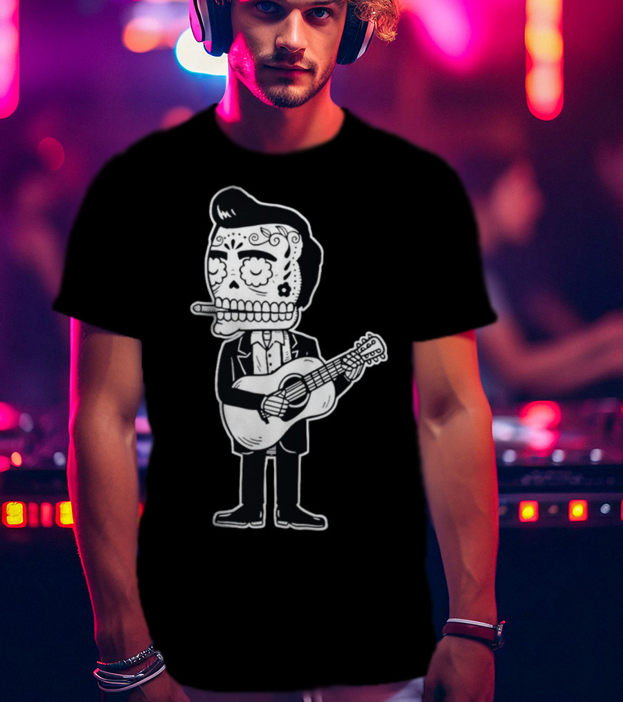 Johnny Cash Calavera Skull Playing Guitar T-Shirt