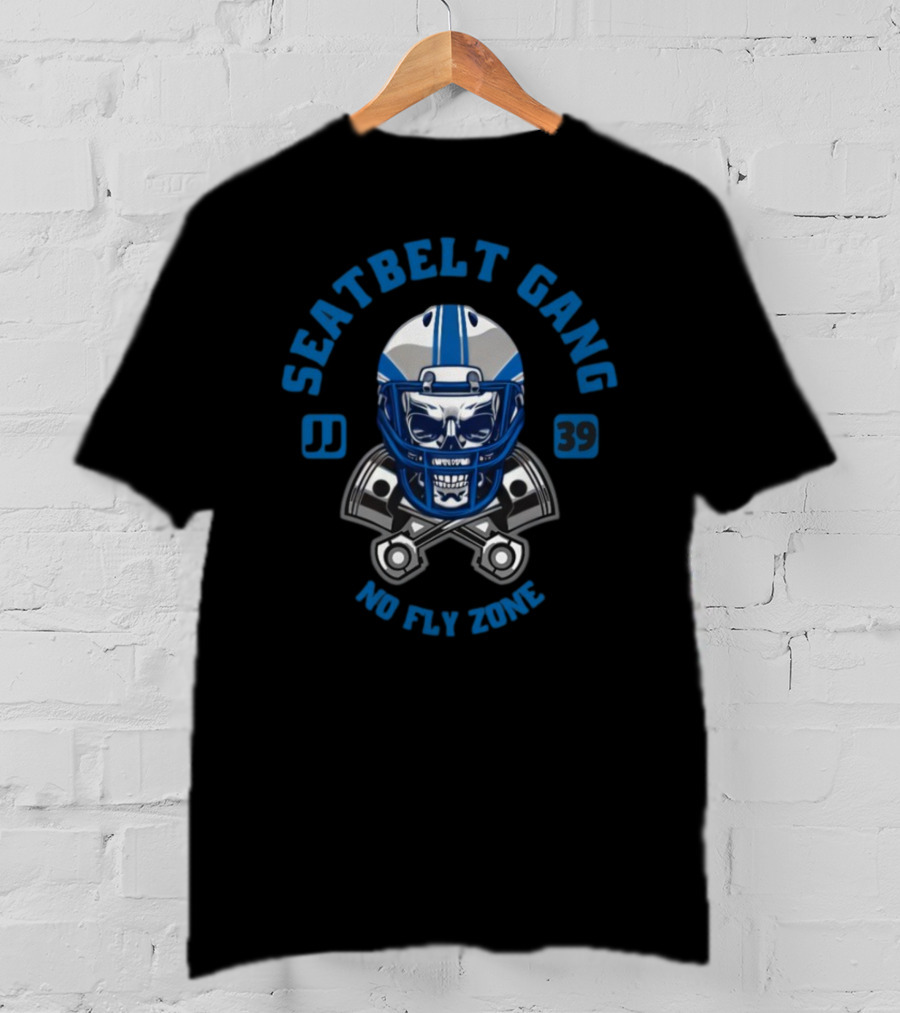 Seatbelt Gang JJ 39 No Fly Zone Football Helmet Skull T-Shirt