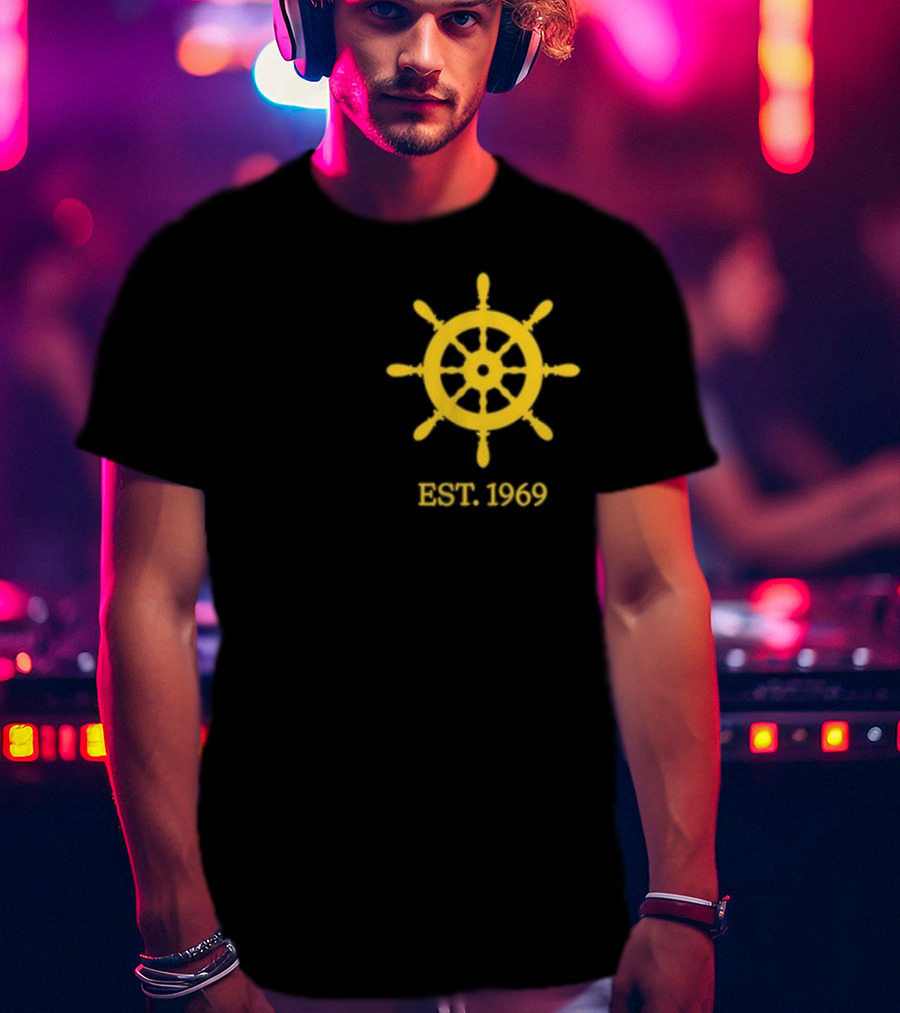 Benitez Sailing Est. 1969 Yellow Ship Wheel Emblem T-Shirt