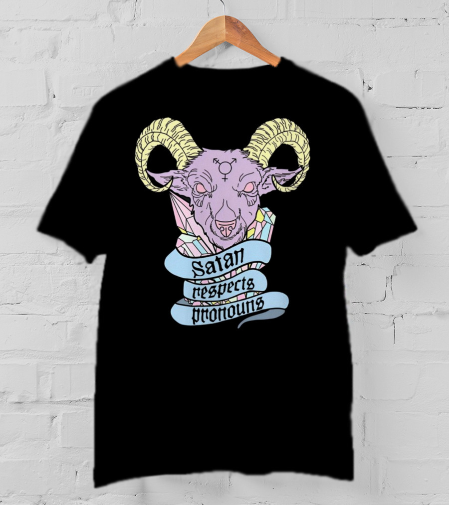 Satan Respects Pronouns Pastel Goat Head With Horns And Gender Symbols T-Shirt