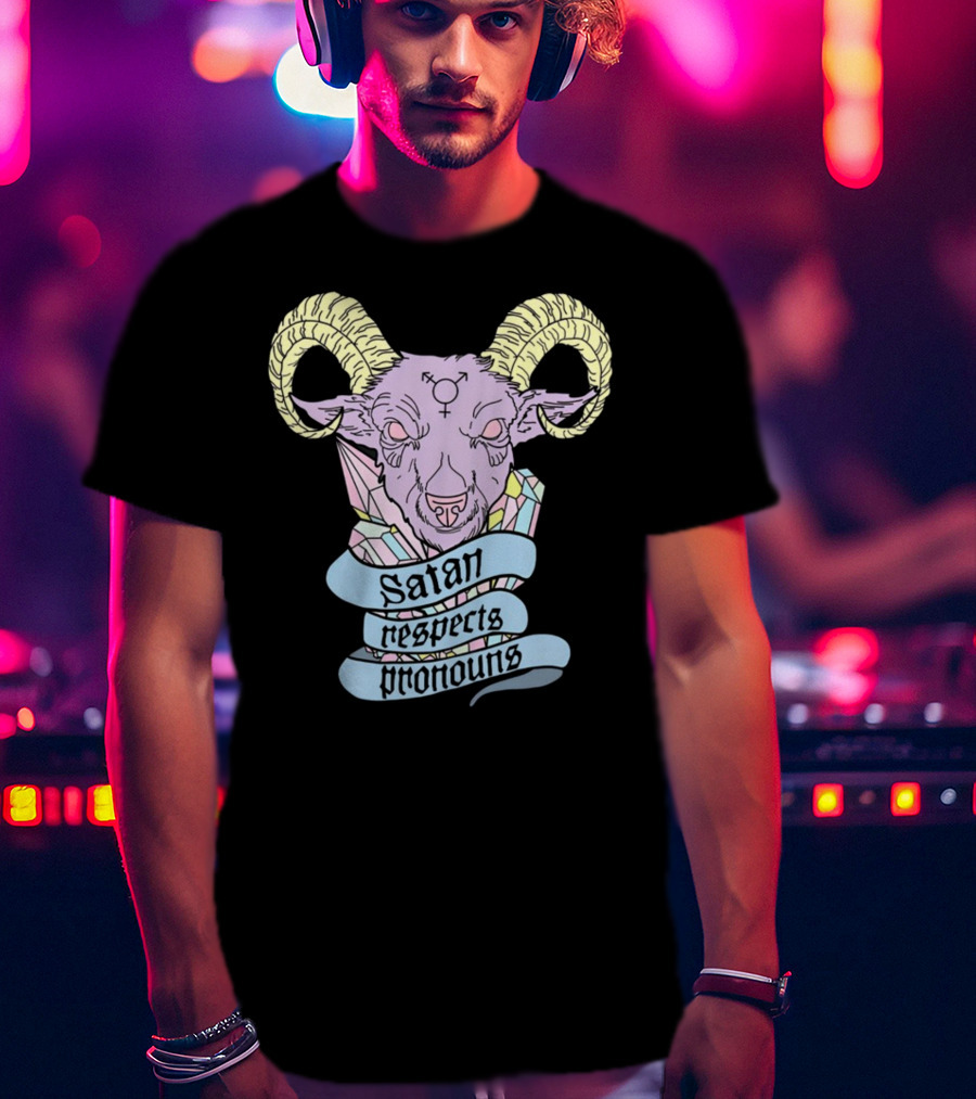 Satan Respects Pronouns Pastel Goat Head With Horns And Gender Symbols T-Shirt