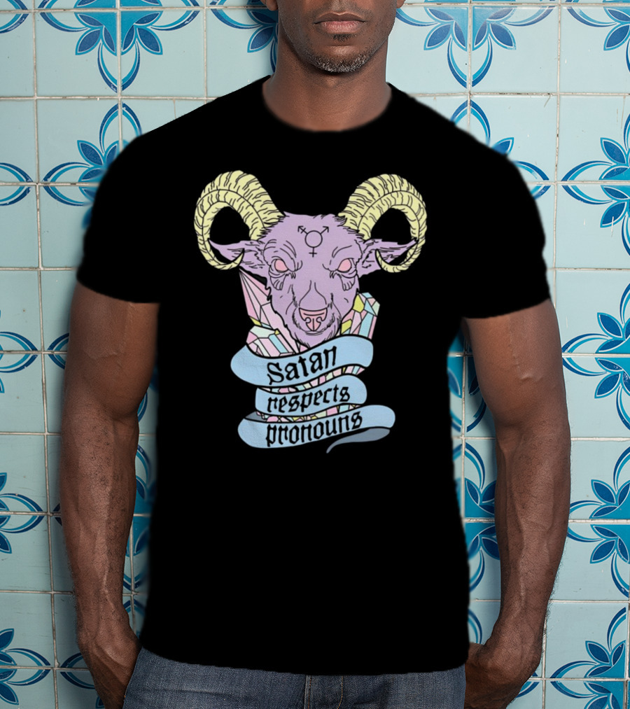 Satan Respects Pronouns Pastel Goat Head With Horns And Gender Symbols T-Shirt