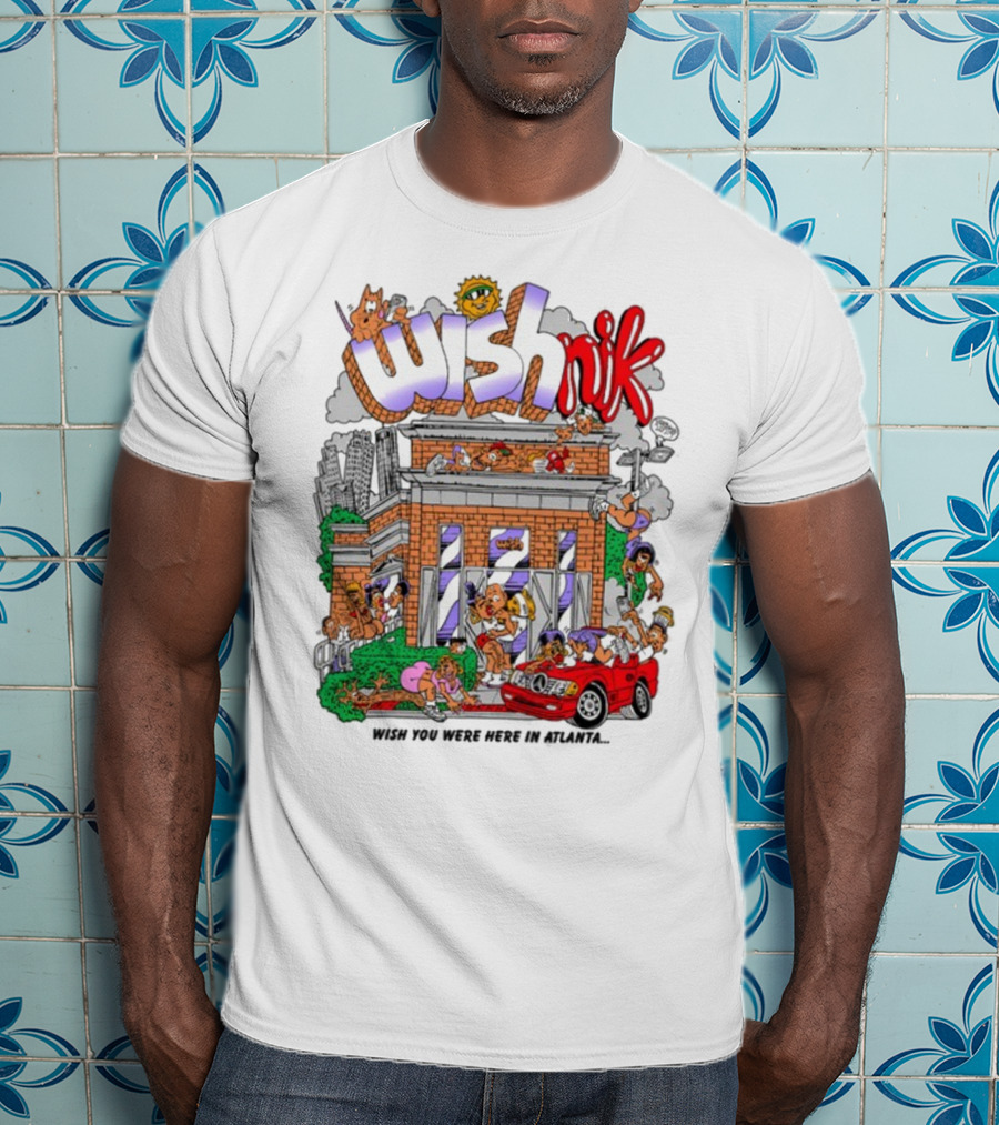 Wishnik Wish You Were Here In Atlanta Cartoon Car Crowd Scene T-Shirt