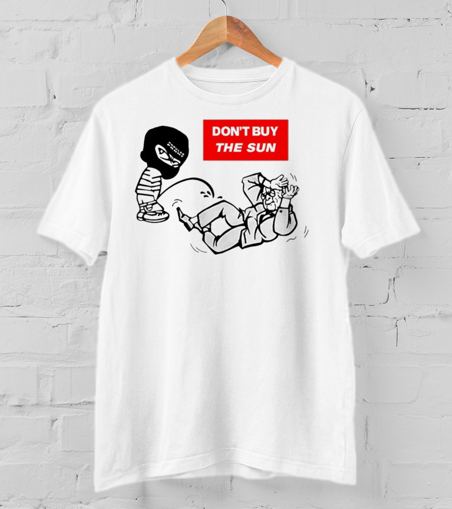 Don't Buy The Sun Graphic With Cartoon Character And Masked Figure Mocking Gesture T-Shirt