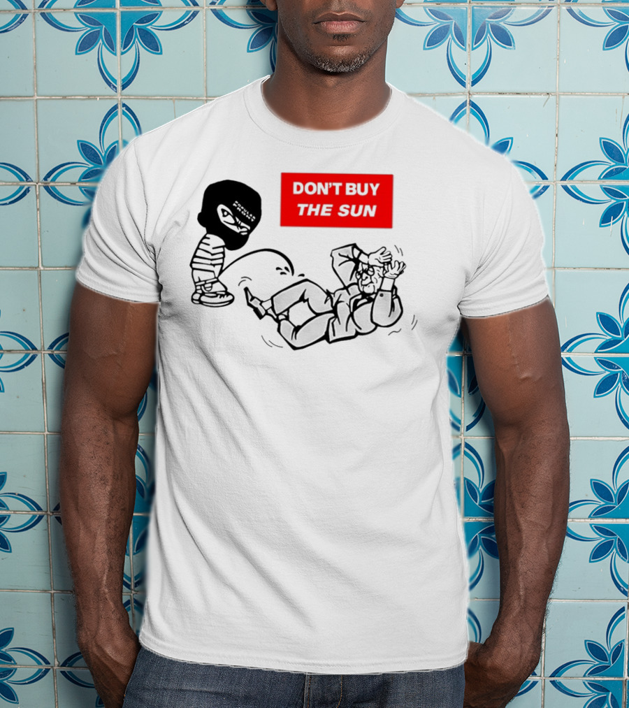 Don't Buy The Sun Graphic With Cartoon Character And Masked Figure Mocking Gesture T-Shirt