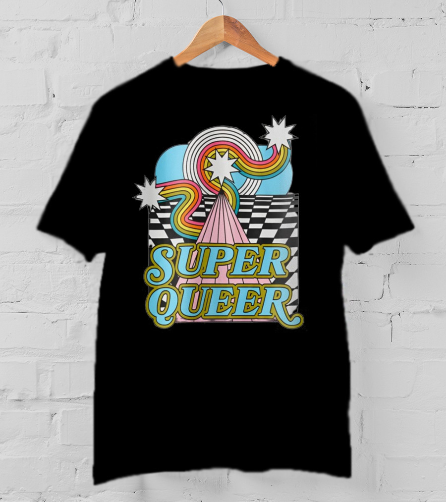 Super Queer Retro Rainbow Starburst Checkered Sky Burst T-Shirt