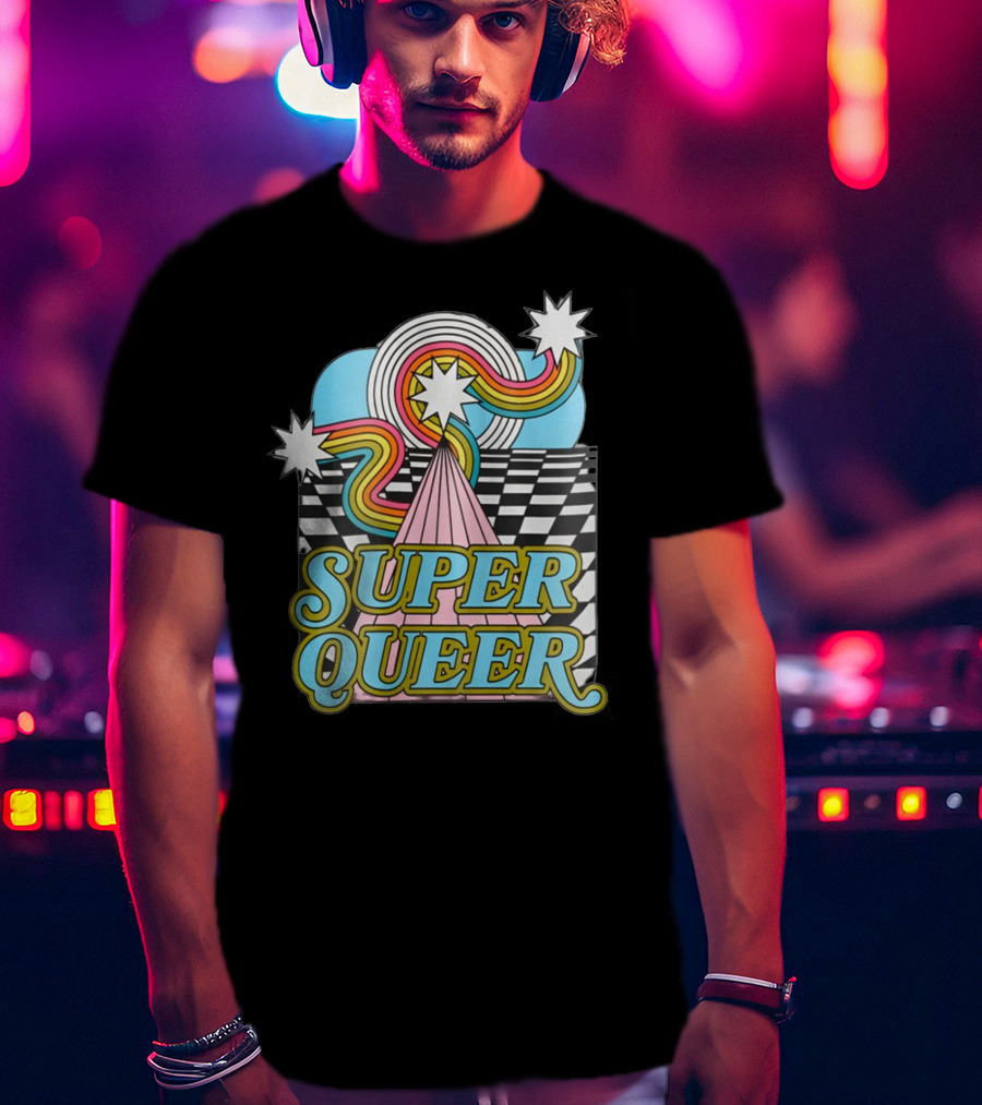 Super Queer Retro Rainbow Starburst Checkered Sky Burst T-Shirt