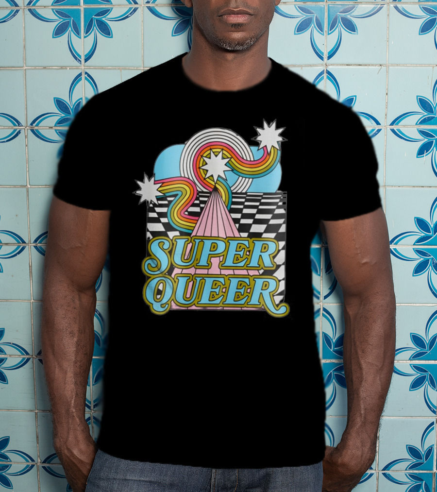 Super Queer Retro Rainbow Starburst Checkered Sky Burst T-Shirt