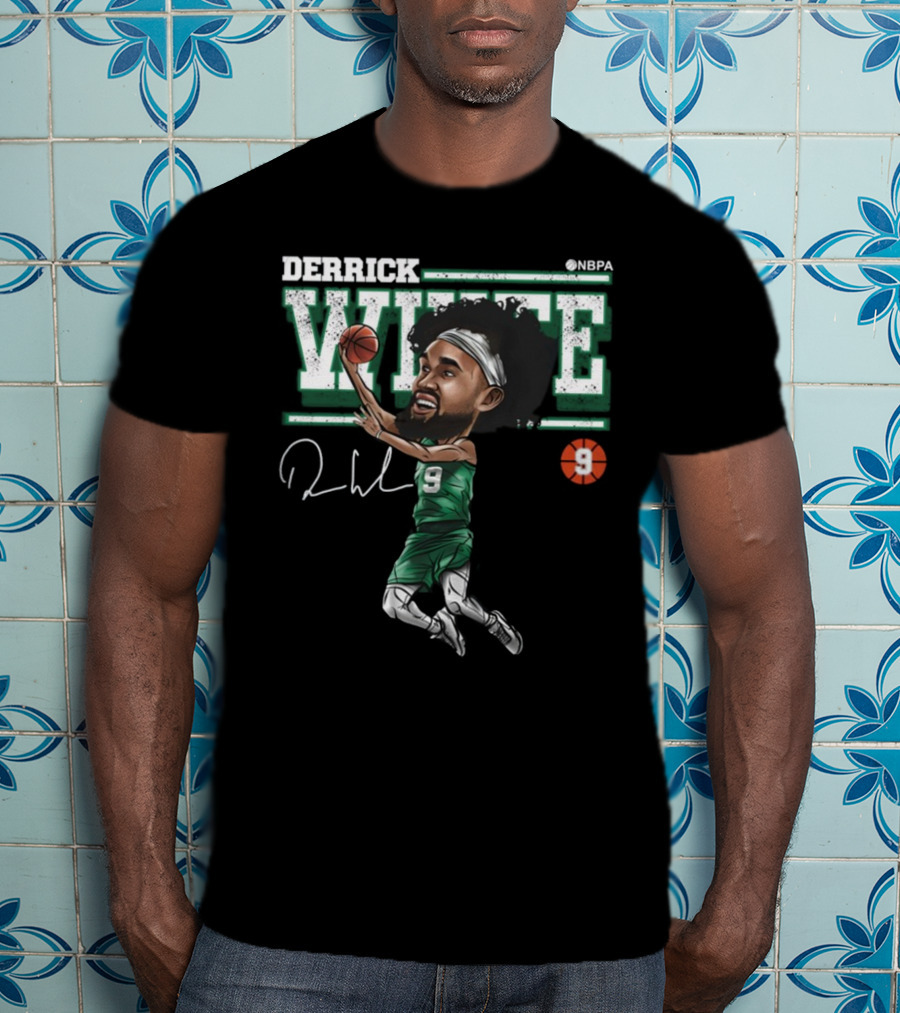 Derrick White NBPA Boston Basketball Cartoon Number 9 T-Shirt