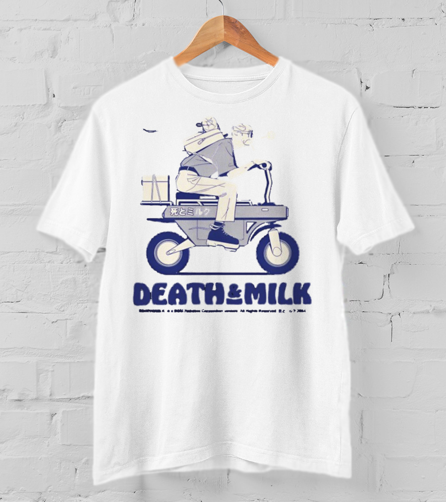 Death And Milk Riding Scooter With Package And Japanese Text T-Shirt